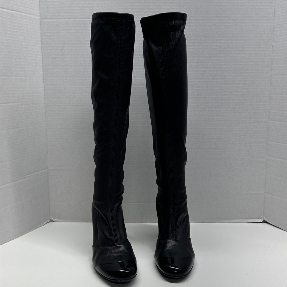 Chanel Heeled Boots Lambskin Tall Boots Cap Round Toe Patent Leather Black EU 38 - Picture 4 of 14